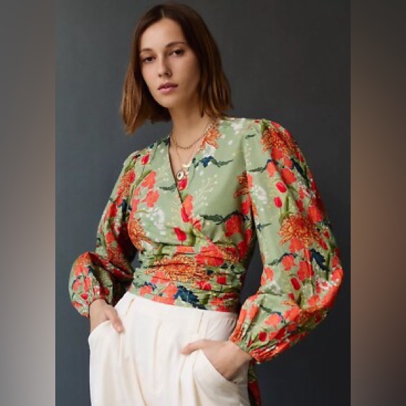 Anthropologie Tops - Anthropologie Conditions Apply Floral Wrap Blouse - Olive and Scarlet